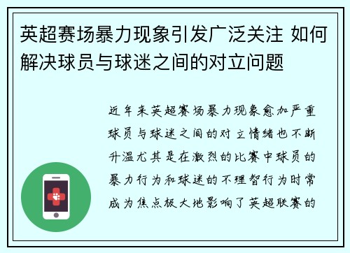 英超赛场暴力现象引发广泛关注 如何解决球员与球迷之间的对立问题 英超赛场暴力现象引发广泛关注 如何解决球员与球迷之间的对立问题